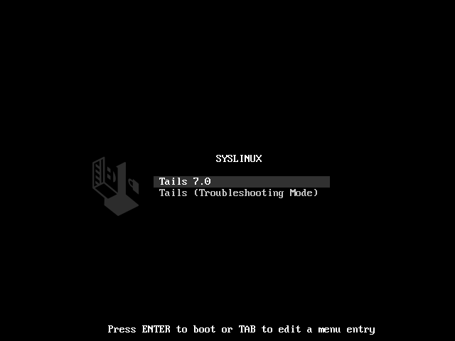 Schermo nero ('SYSLINUX')
con logo Tails e 2 opzioni: 'Tails' e 'Tails (Troubleshooting Mode)'.